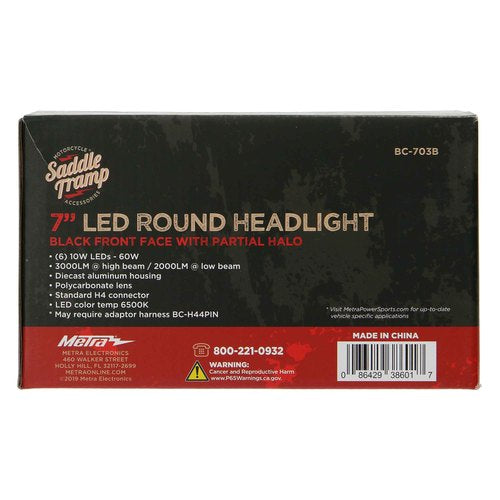 Saddle Tramp BC-703B Round Motorcycle Headlights with Black Face and Partial Halo - 7 Inch