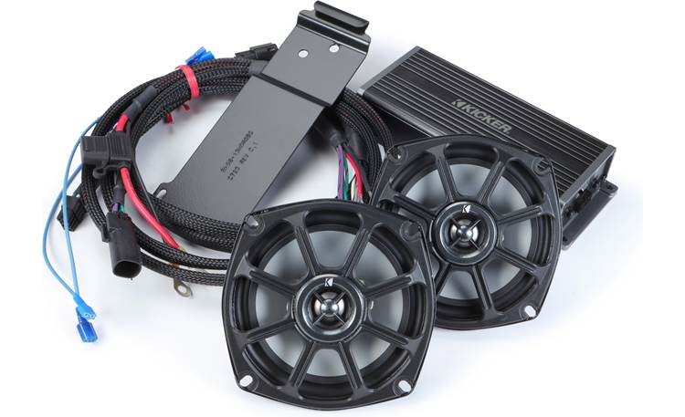 Kicker 50HDR982 Audio kit with two speakers, 4-channel amplifier, and harnesses for select 1998-2013 Harley-Davidson Road Glide motorcycles