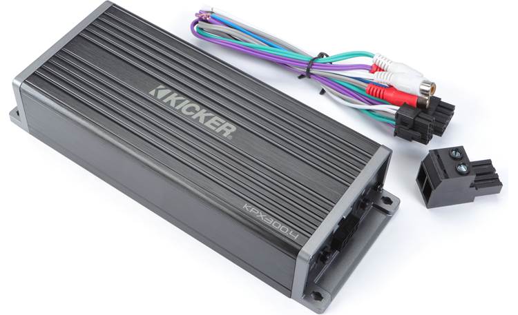 Kicker 50HDR982 Audio kit with two speakers, 4-channel amplifier, and harnesses for select 1998-2013 Harley-Davidson Road Glide motorcycles
