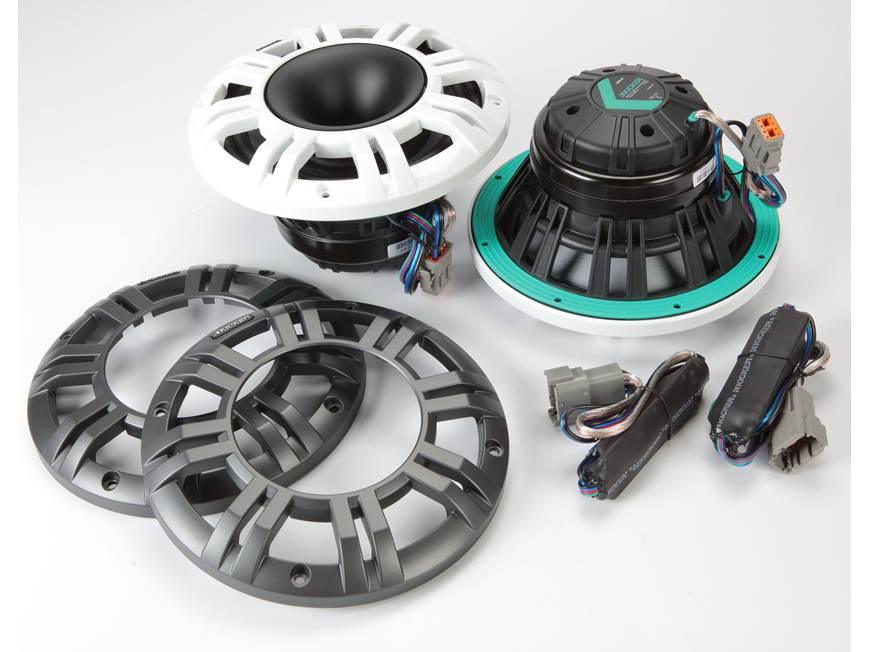 Kicker 48KMXL84 8" marine speakers with white and charcoal grilles