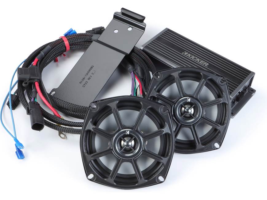 Kicker 50HDR982 Audio kit with two speakers, 4-channel amplifier, and harnesses for select 1998-2013 Harley-Davidson Road Glide motorcycles