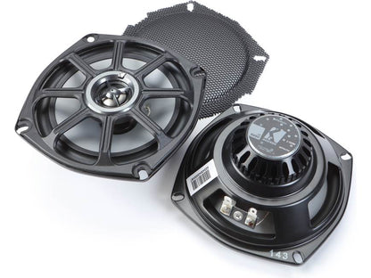 Kicker 50HDR982 Audio kit with two speakers, 4-channel amplifier, and harnesses for select 1998-2013 Harley-Davidson Road Glide motorcycles
