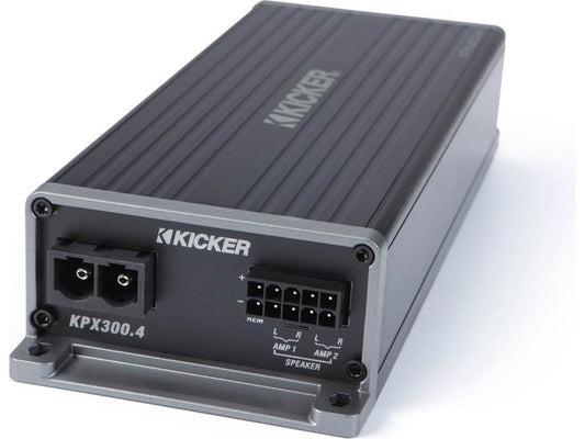 Kicker 50HDR982 Audio kit with two speakers, 4-channel amplifier, and harnesses for select 1998-2013 Harley-Davidson Road Glide motorcycles