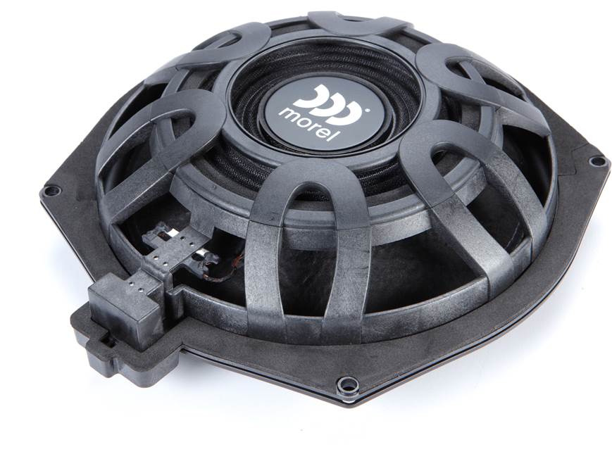 Morel IP-BMWSUB82 8" ultra-slim component subwoofer — designed to fit select BMW vehicles with factory sub