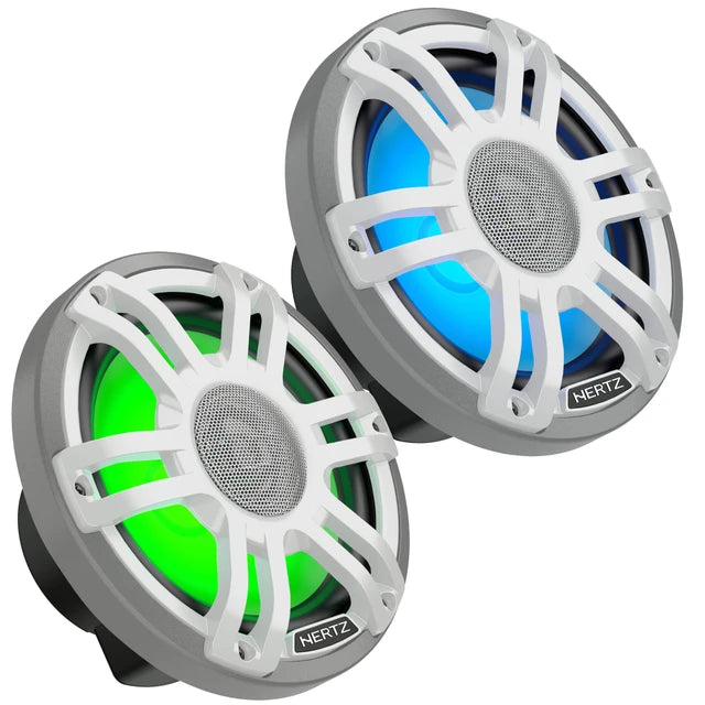 Hertz HMX 7.7 S-LD-SW – 7.7" Hi-End LED Marine Coaxial Speaker, 200W Peak, 4Ω, IP65 Water-Resistant, White Sport Grille, UV & Salt Fog Certified