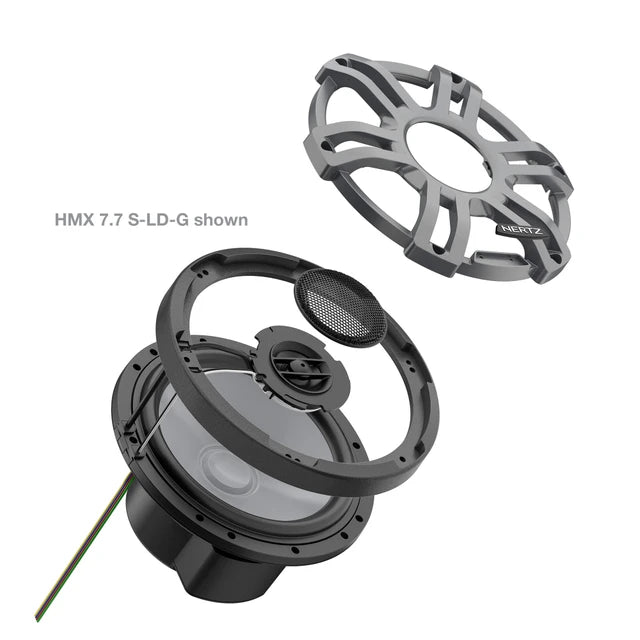 Hertz HMX 7.7 S-LD-SW – 7.7" Hi-End LED Marine Coaxial Speaker, 200W Peak, 4Ω, IP65 Water-Resistant, White Sport Grille, UV & Salt Fog Certified