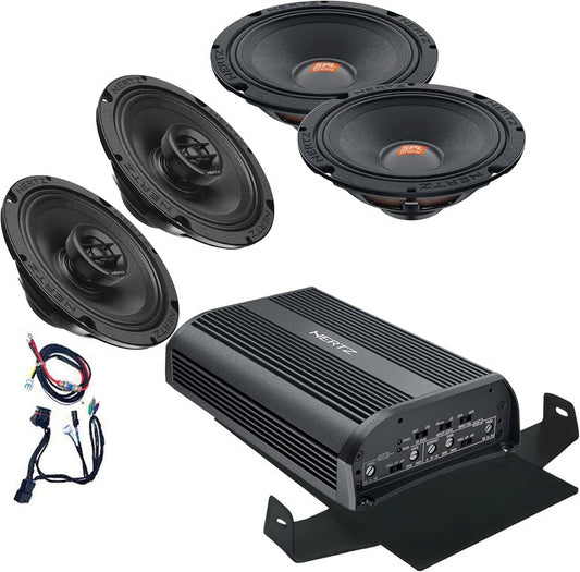 Hertz HSP2-14 4-Speaker Front and Rear Audio Upgrade Kit for select 2014-2023 vehicles from Harley Davidson Includes 6.5" 2-Way Coaxial 4-ohm Speakers, Midrange Speakers, and 4-Channel Amplifier
